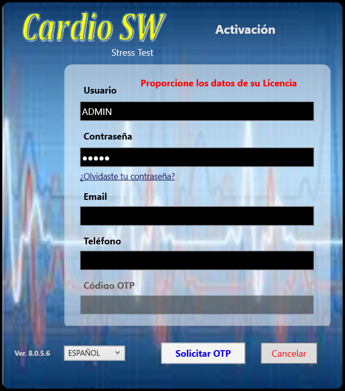 Pantalla de Activación de RestECG con los campos Usuario, Contraseña, Email, Teléfono y Código OTP